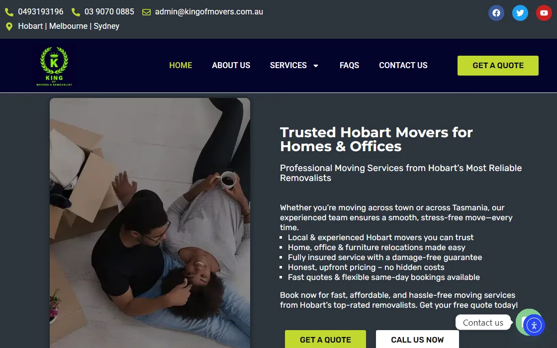 A removalist site covering Hobart, Melbourne and Sydney