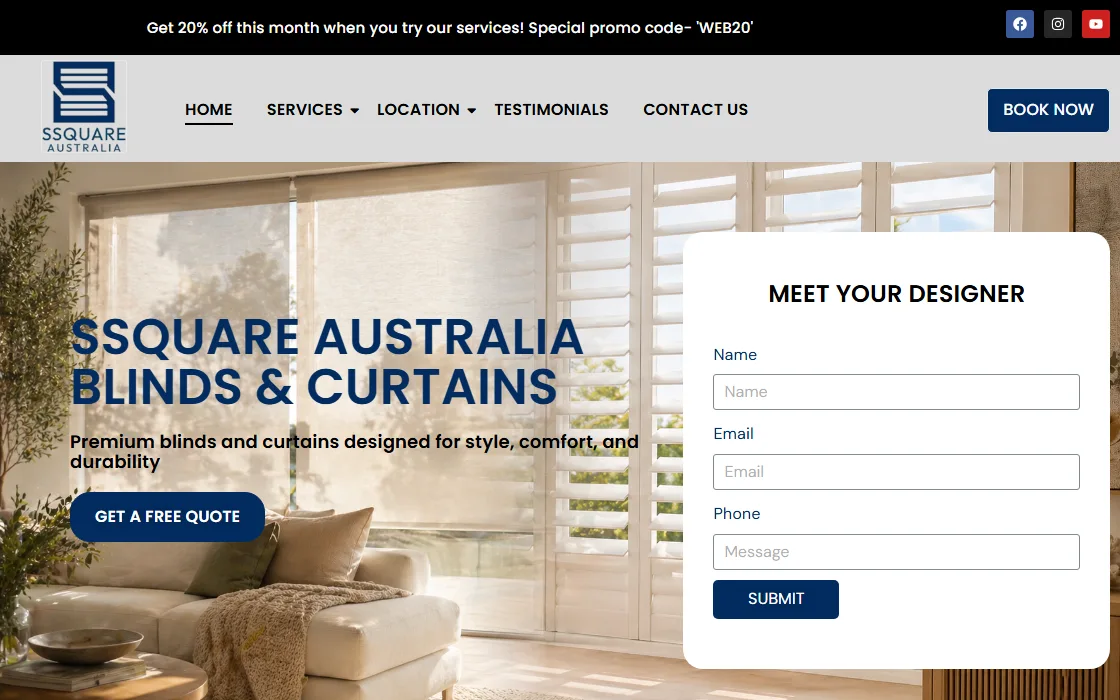 Custom curtains and blinds, booked through the website